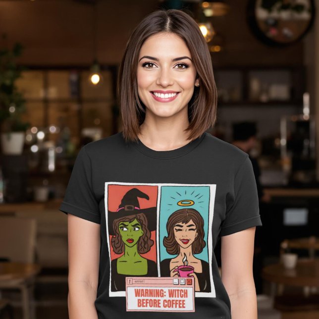 Camiseta Bruxa Antes do Café Engraçado Advertindo Pop (Witch Before Coffee Funny Warning Comic Pop Art T-Shirt)