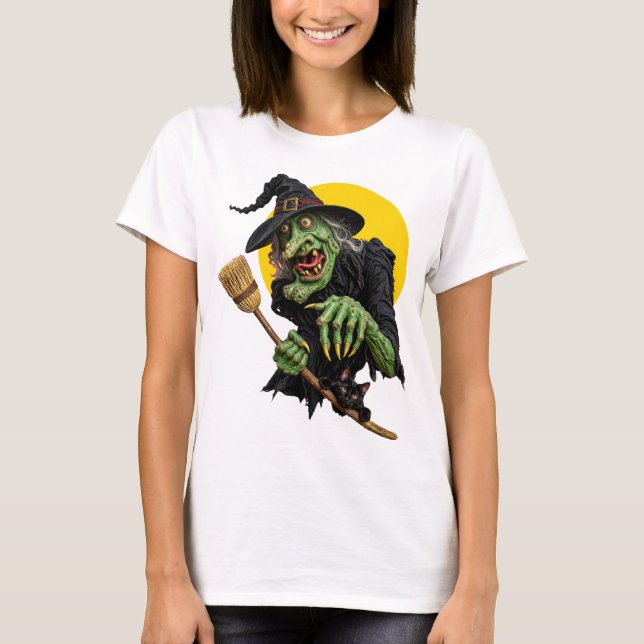 Camiseta BRUXA ASSUSTADORA com Vassoura e Gato Preto (Frente)