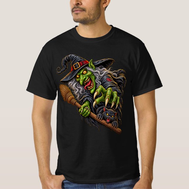 Camiseta BRUXA ASSUSTADORA com VASSOURA e GATO PRETO (Frente)
