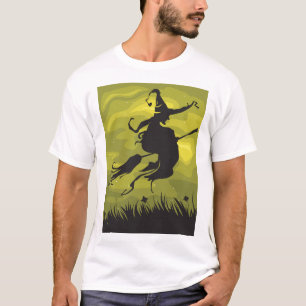 Camiseta Bruxa Assustadora de Halloween Voando em Vassoura