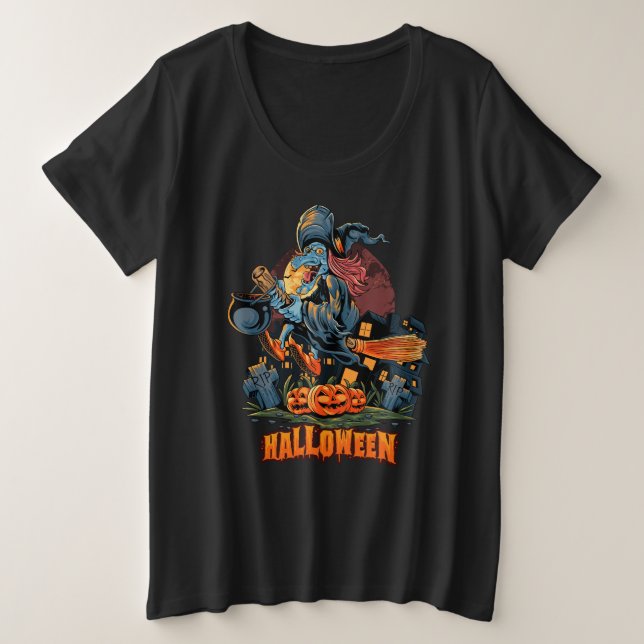 Camiseta Bruxa Assustadora em uma vassoura (Frente do Design)