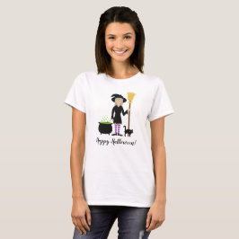 Camiseta Bruxa Bonita Com Seu Gato E Texto Feliz De Hallowe