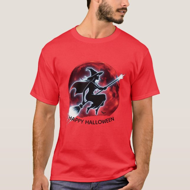Camiseta Bruxa Brilhante Voando Tee Masculina Vermelha (Frente)