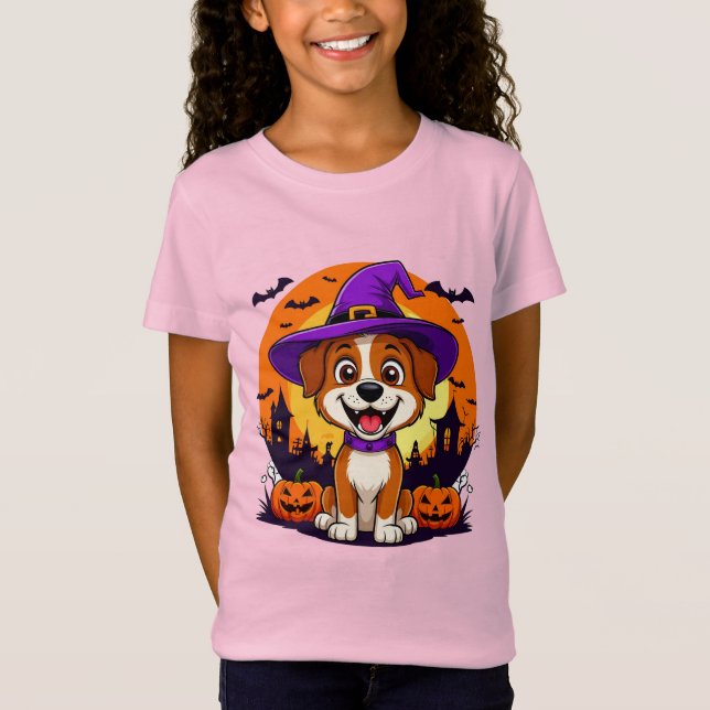 Camiseta Bruxa Cachorro Cena de Abóbora de Halloween Estilo (Frente)
