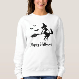 Camiseta Bruxa Com Gato E Morcegos Silhueta Feliz Halloween