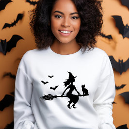 Camiseta Bruxa Com Gato E Morcegos Silhueta Preta Halloween