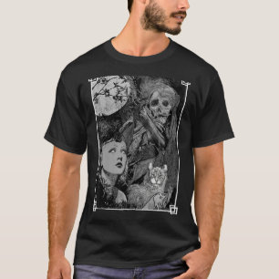 Camiseta Bruxa com um Gato e o Caçador Oculta Gótico Escuro