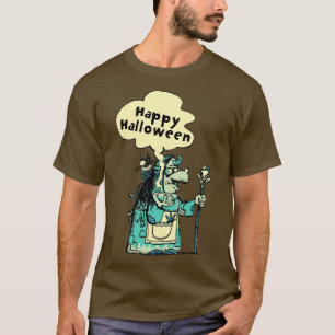 Camiseta bruxa com uma poção mágica em uma tigela e um gato