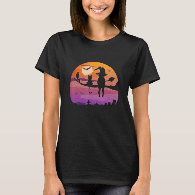 Camiseta Bruxa & Coruja de Gato Lua Halloween Fantasia Infa (Frente)