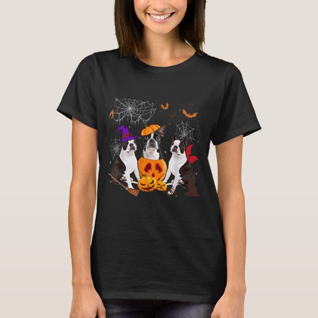 Camiseta Bruxa da Abóbora Engraçada Boston Terrier Cachorro (Frente)