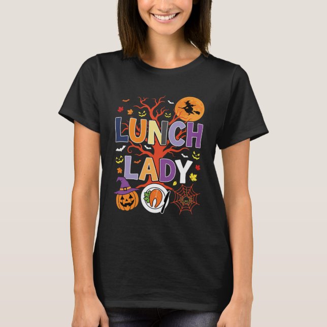 Camiseta Bruxa da Cozinha da Senhora do Almoço de Halloween (Frente)