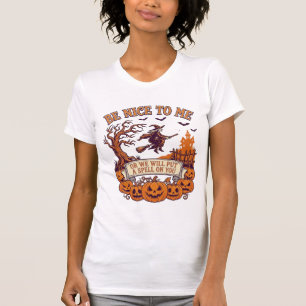 Camiseta Bruxa da vassoura de Halloween seja legal comigo A