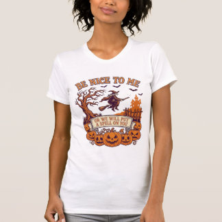 Camiseta Bruxa da vassoura de Halloween seja legal comigo A