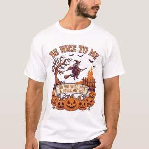 Camiseta Bruxa da vassoura de Halloween seja legal comigo A