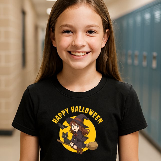 Camiseta Bruxa de Animo e Gato no Dia das Bruxas (Criador carregado)