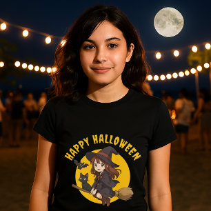 Camiseta Bruxa de Animo e Gato no Dia das Bruxas
