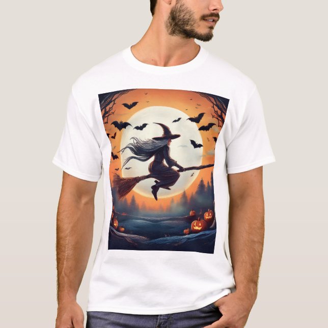 Camiseta Bruxa de Broomstick com morcegos (Frente)