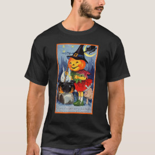 Camiseta Bruxa de Cabeça de Abóbora Preparando Poção Mágica