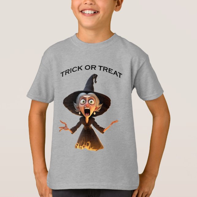 Camiseta Bruxa de Cartoon "Trick or Tratat" (Frente)