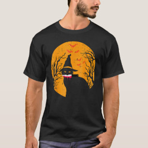 Camiseta Bruxa de Chapéu de Gato Preto Assustador e Lua Fes