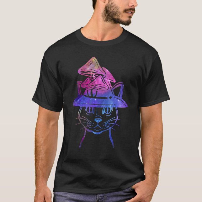 Camiseta Bruxa de Gato Com Cogumelos No Estilo Goth e Wicca (Frente)