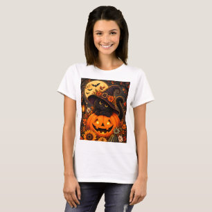 Camiseta Bruxa de Gato Preto Abóbora de Halloween Outono Cu
