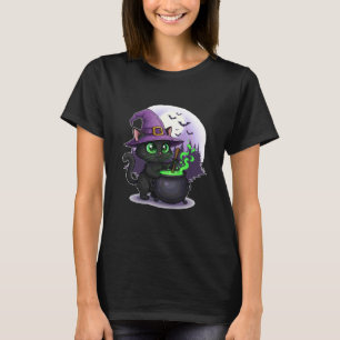 Camiseta Bruxa de Gato Preto com Caldeirão e Lua