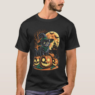 Camiseta Bruxa de Gato Preto Retro Assustador Abóbora de Ha