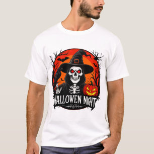Camiseta Bruxa de Halloween com Rosto de Caveira sob a Lua