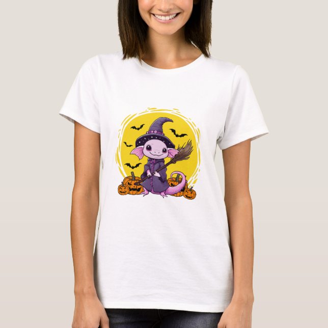 Camiseta Bruxa de Halloween de Axolote Fofo (Frente)