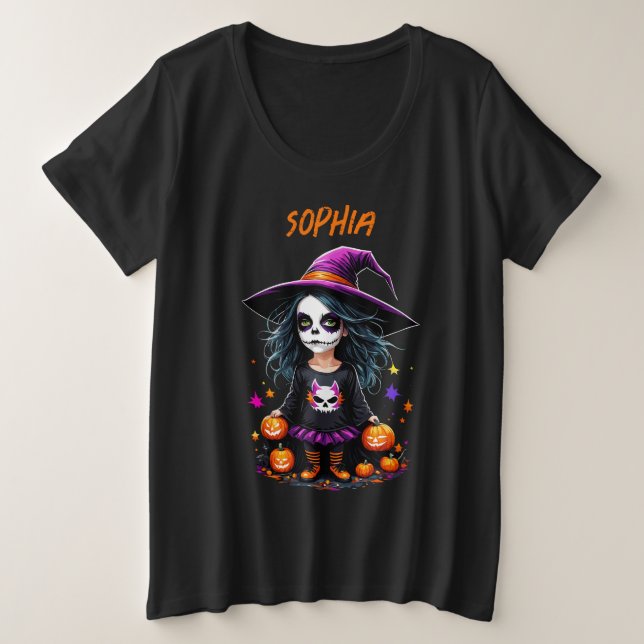 Camiseta Bruxa de Halloween de Kawaii, um Adorável e Bonito (Frente do Design)