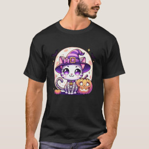 Camiseta Bruxa de Halloween Esqueleto Gato Gatinho Animal F
