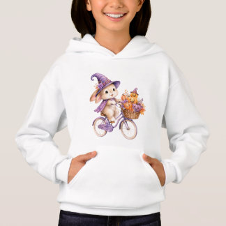 Camiseta Bruxa de Halloween Fofo Coelho Andando de Biciclet