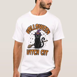 Camiseta Bruxa de Halloween Gato Desenho de Gravura Vintage