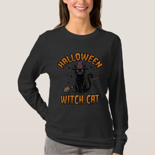 Camiseta Bruxa de Halloween Gato Desenho de Gravura Vintage