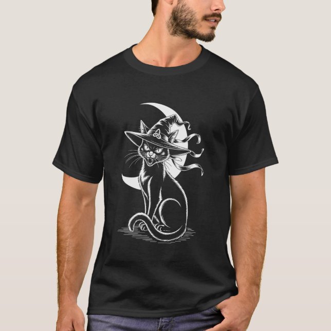 Camiseta Bruxa de Halloween Gato Preto (Frente)