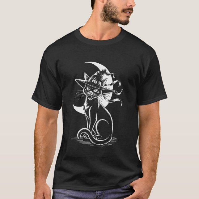 Camiseta Bruxa de Halloween Gato Preto (Frente)