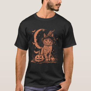 Camiseta Bruxa de Halloween Vintage Gato Preto Abóbora Meni