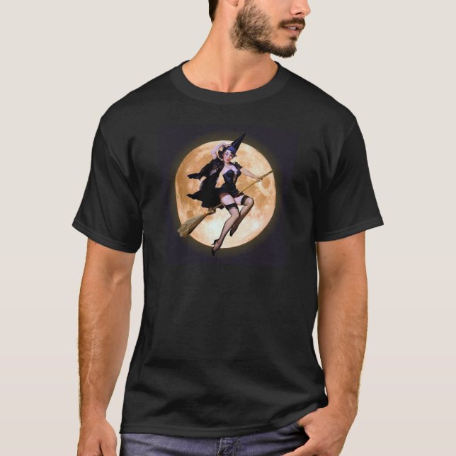 Camiseta Bruxa de Pin-Up contra Lua de Colheita (Frente)