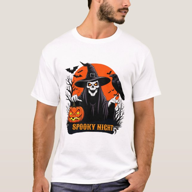 Camiseta Bruxa de Rosto de Caveira e Corvo Noite de Hallowe (Frente)