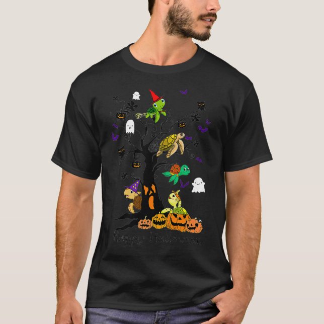Camiseta Bruxa de Tartarugas em Tree Pumpkin Bats Feliz Hal (Frente)