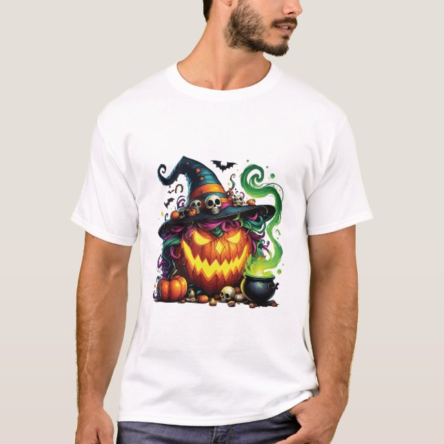 Camiseta Bruxa do Cauldro da Abóbora Malvada (Frente)