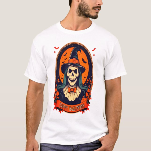 Camiseta Bruxa do Caveira Feliz de Halloween (Frente)