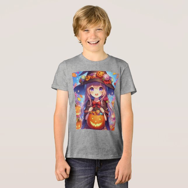 Camiseta Bruxa do Halloween do Anime Bonito (Frente Completa)