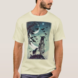 Camiseta Bruxa E Lobo De Halloween Com Lua E Morcegos Compl