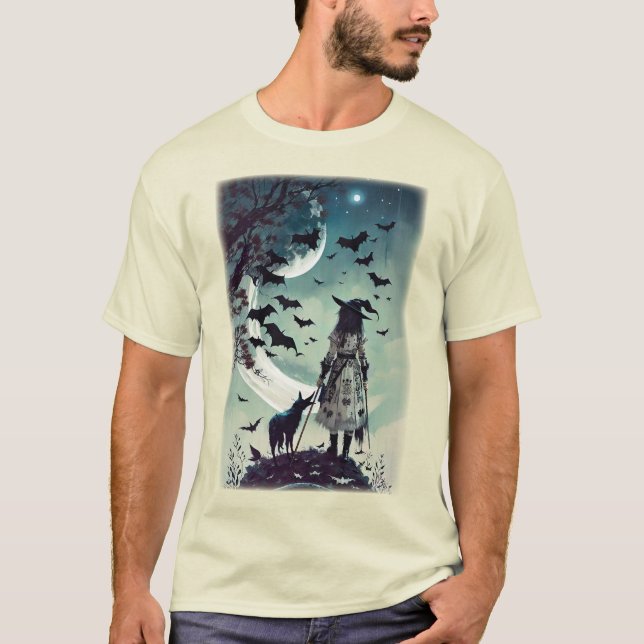 Camiseta Bruxa E Lobo De Halloween Com Lua E Morcegos Compl (Frente)