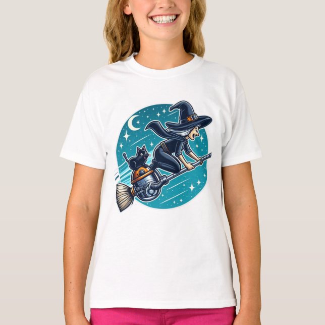 Camiseta Bruxa em Rodas: Halloween Magic com um Moderno (Frente)