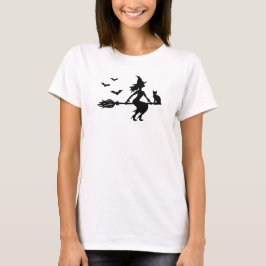 Camiseta Bruxa Em Uma Vassoura Com Gato E Morcegos Hallowee