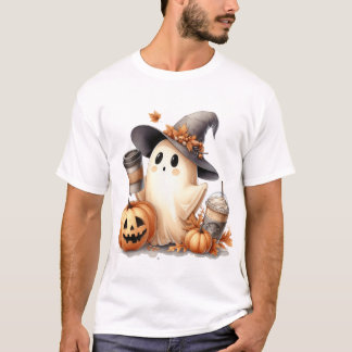 Camiseta Bruxa Fantasma Adorável em Aquarela com Café e Abó