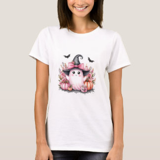Camiseta Bruxa Fantasma Floral Rosa Fofo Halloween Aquarela